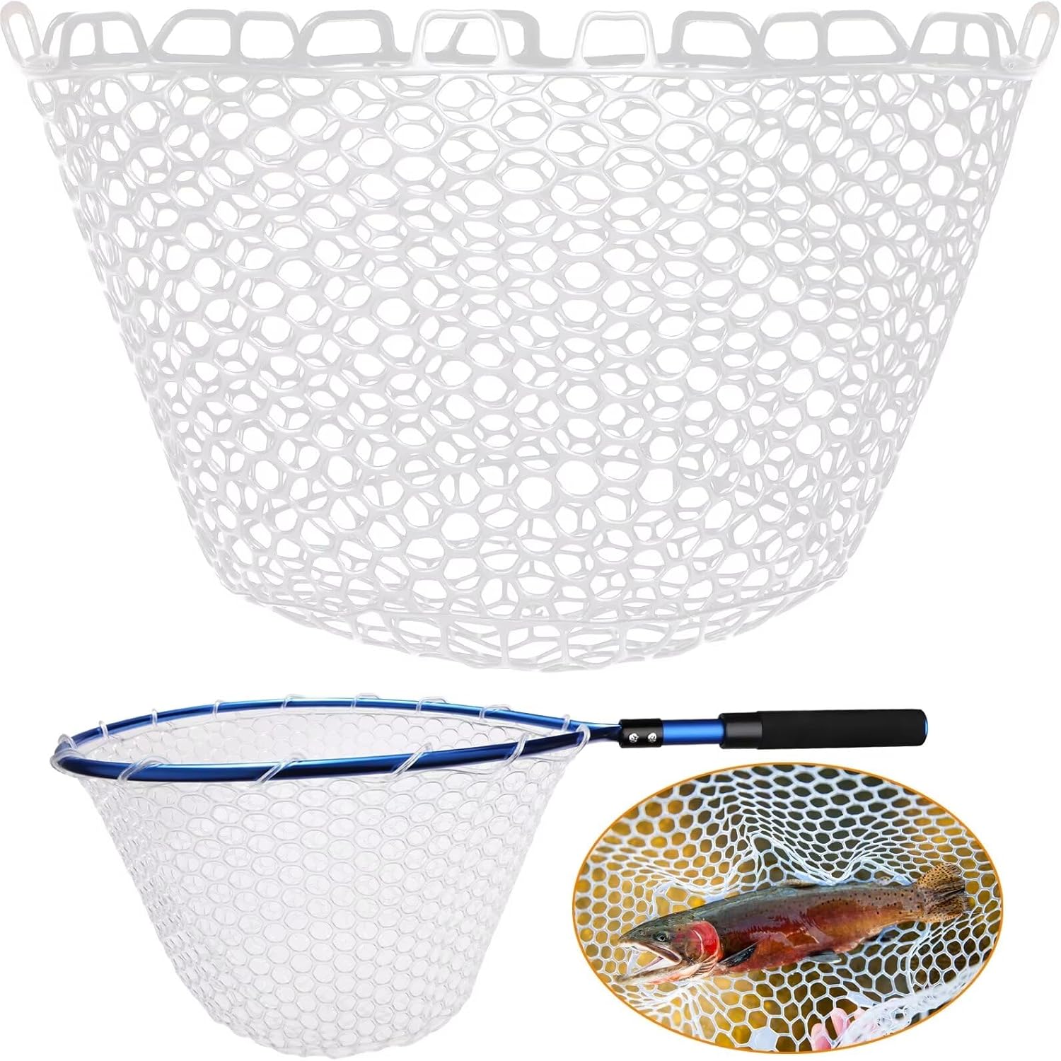 Dovesun Rubber Fishing Net Replacement Netting without Handle Clear Black Fishing Nets for Fish Fly Fish Landing Net Bag for Freshwater Saltwater Foldable Trout Net Rubber Mesh 5 Sizes