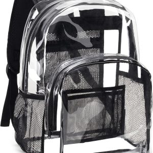 Vorspack Clear Backpack Heavy Duty PVC Transparent Backpack with Reinforced Strap Stitches & Large Capacity for College Workplace Security - Black