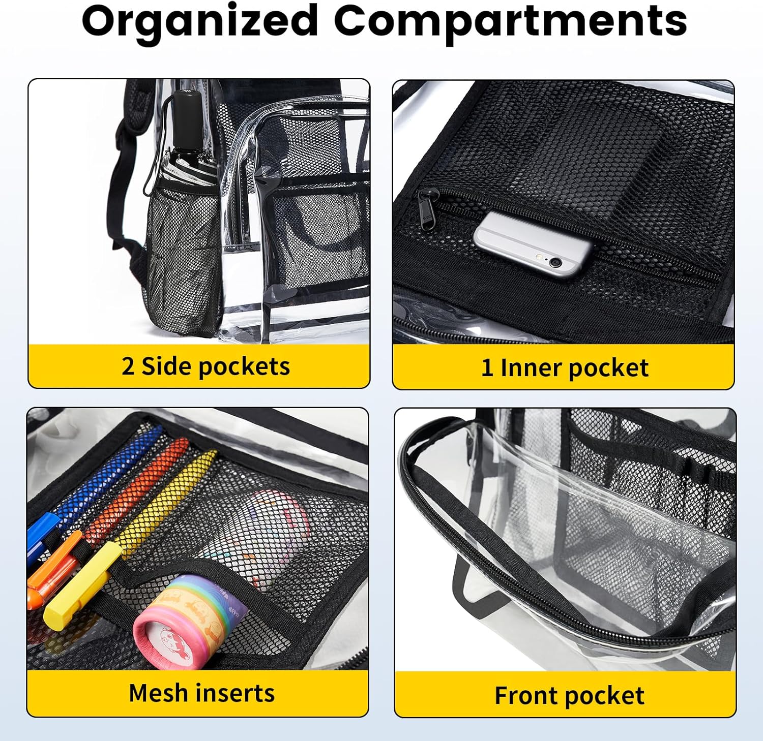 Vorspack Clear Backpack Heavy Duty PVC Transparent Backpack with Reinforced Strap Stitches & Large Capacity for College Workplace Security - Black - Image 4